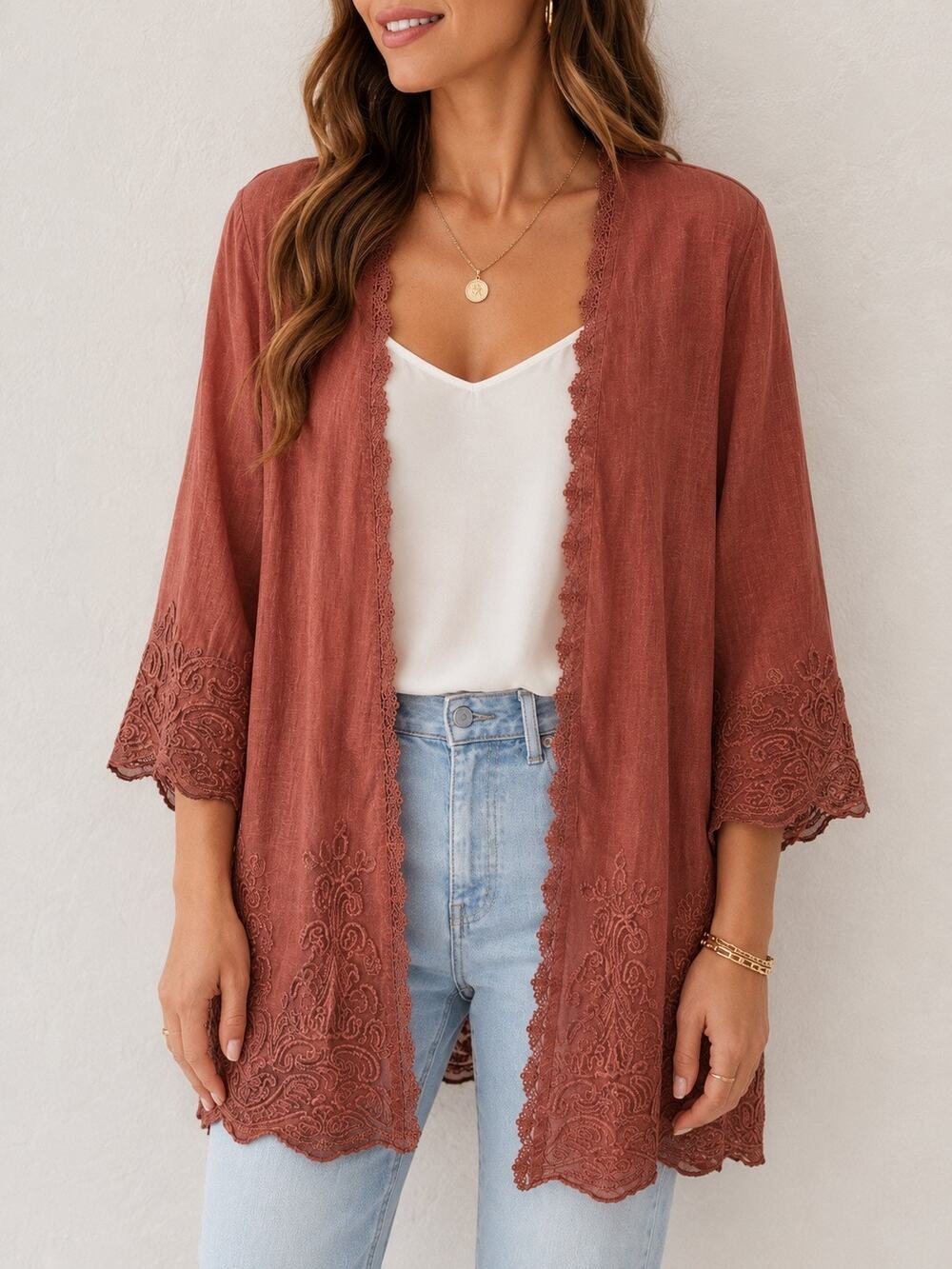 SOFT SURROUNDINGS NWT Caribre Topper Embroidered Kimono Duster Cardigan Brown M